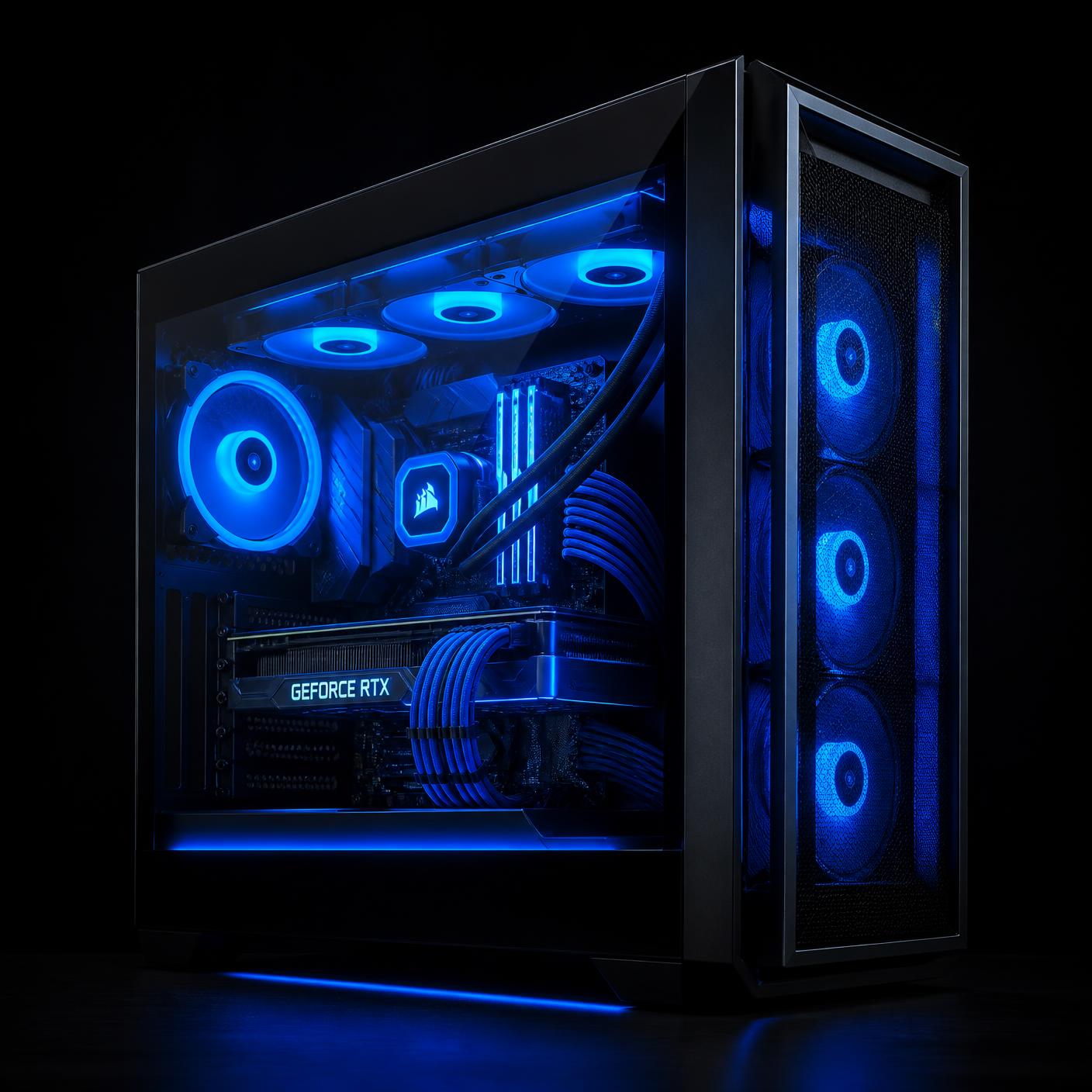 PC gaming personalizado de Tecno PC con iluminación azul e interior visible